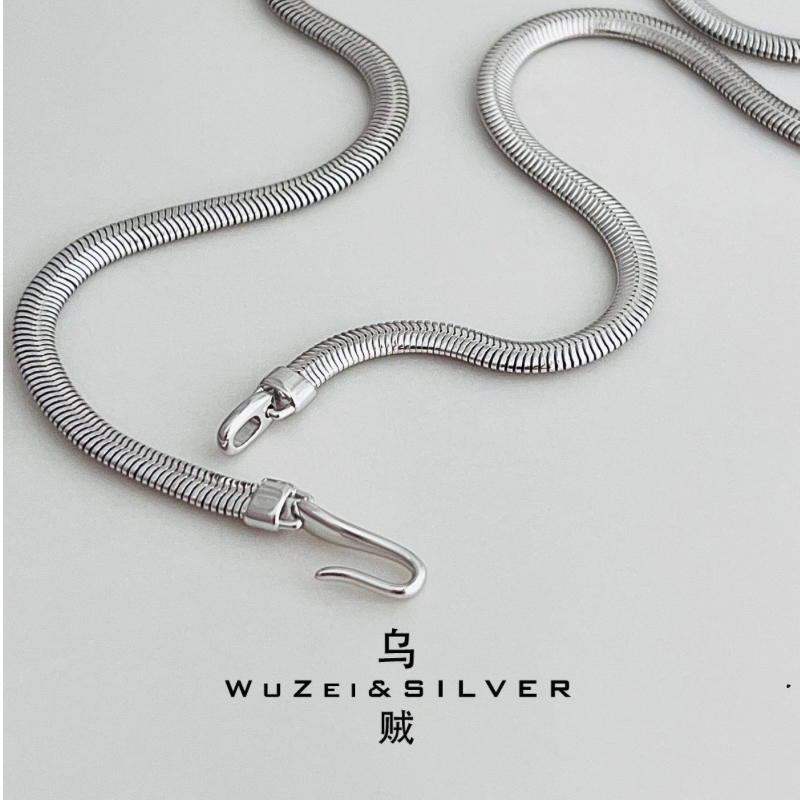 WZ&SILVER高定款通体S925银镀铑金鱼钩蛇骨项链高级简约百搭时尚