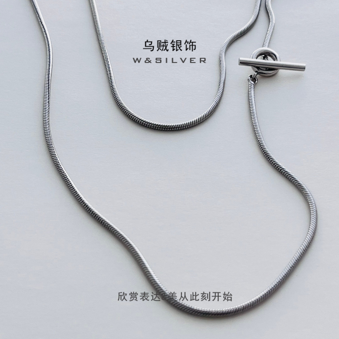 W&SILVER通体925纯银镀铑金90cm圆形蛇骨链项链小众高级简约百搭