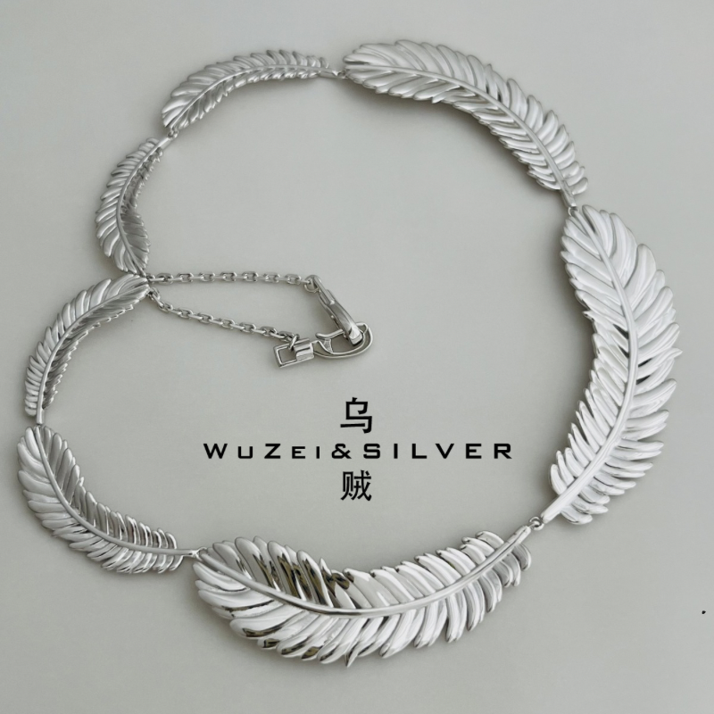 WZ&SILVER设计师款通体S925银镀铑金羽毛项链高级百搭时尚简约