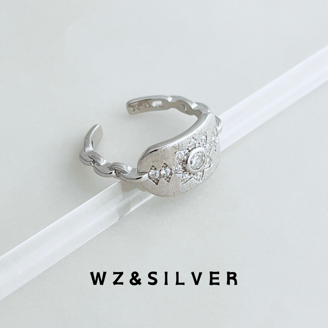 WZ&SILVER设计师款通体S925纯银镀铑金太阳盾牌戒指高级小众简约