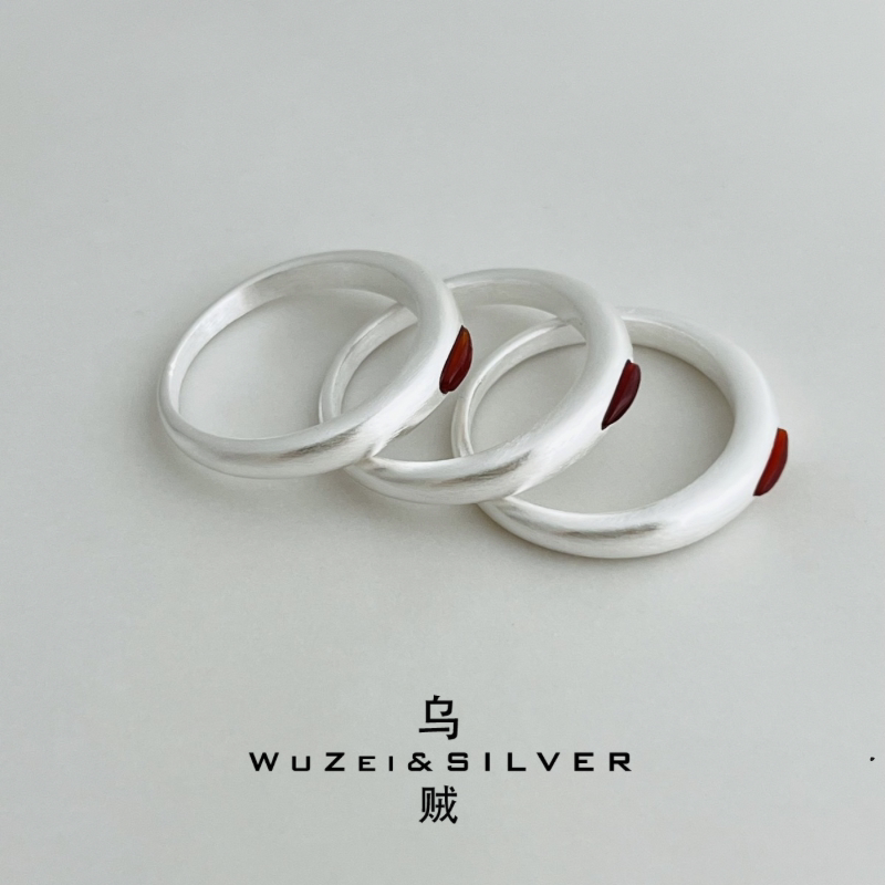 WZ&SILVER设计师款通体S925纯银手工磨砂肌理水滴红玛瑙戒指指环