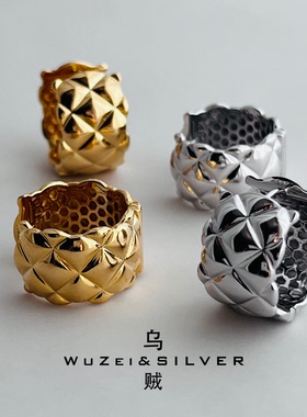WZ&SILVER设计师款通体S925银镀铑金菱格纹耳扣高级百搭简约时尚