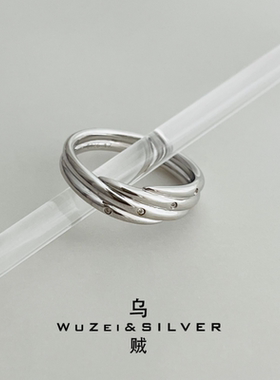 WZ&SILVER设计师款通体S925银镀铑金三层水波纹镶钻戒指高级时尚