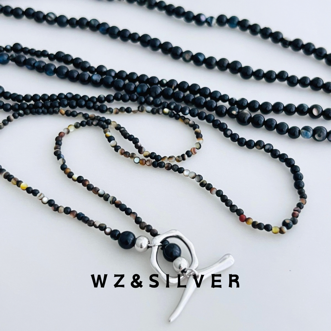 WZ&SILVER设计师款通体S925纯银黑蝶贝串珠长项链毛衣链高级小众