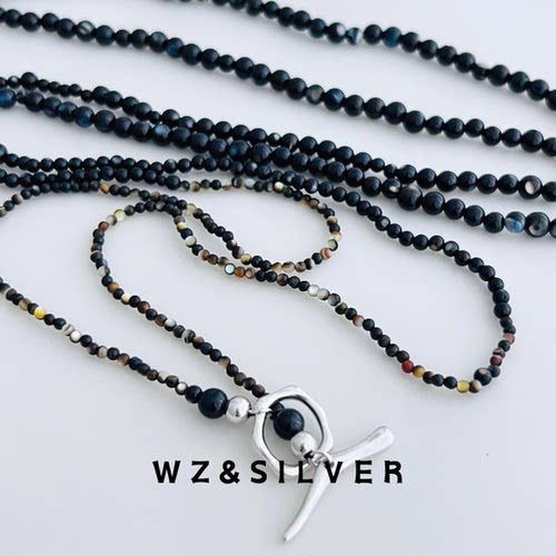 WZ&SILVER设计师款通体S925纯银黑蝶贝串珠长项链毛衣链高级小众
