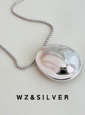 WZ&SILVER乌贼原创通体S925纯银镀铑金大银饼吊坠项链简约高级感