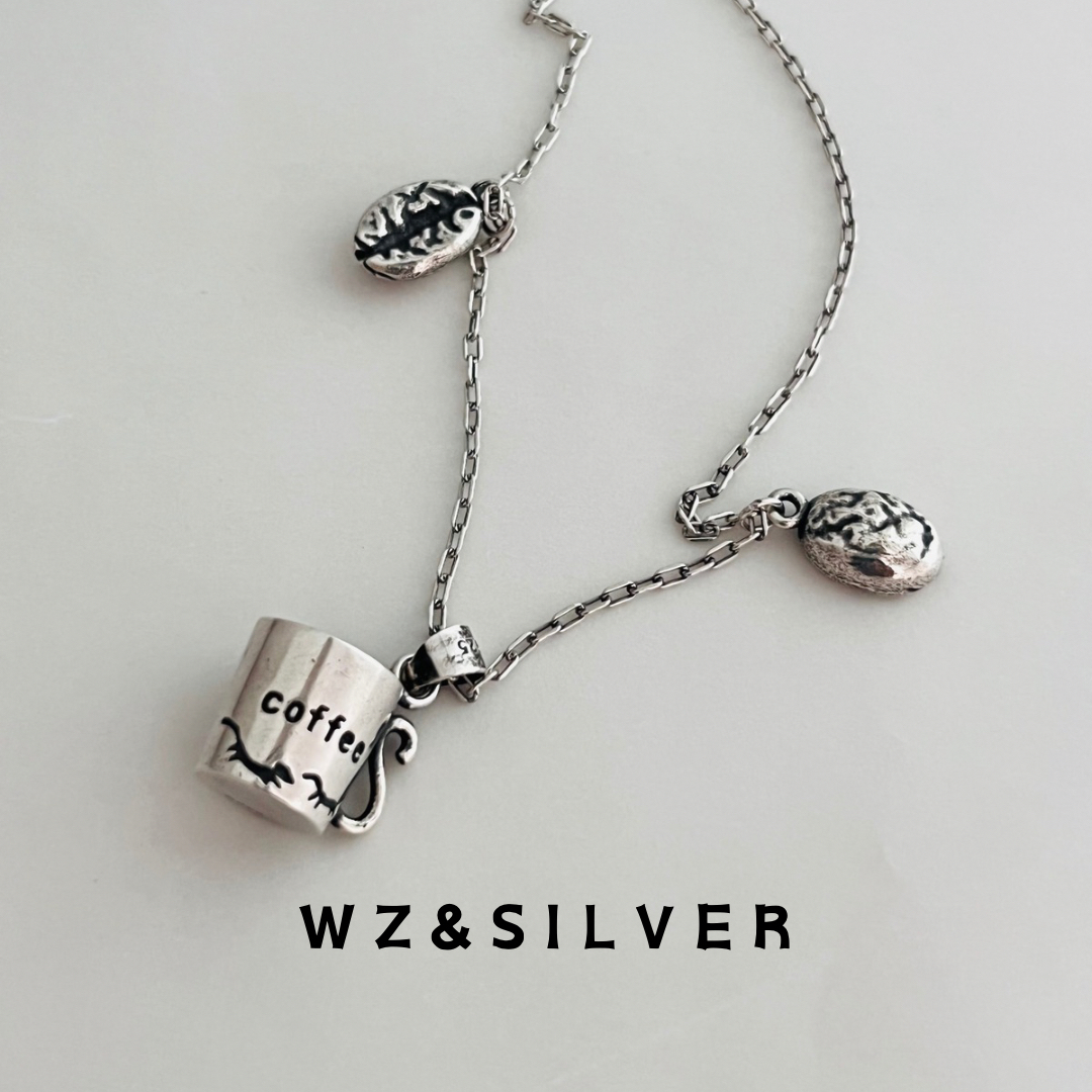 WZ&SILVER韩国东大门通体S925纯银镀铑金咖啡豆项链简约小众高级