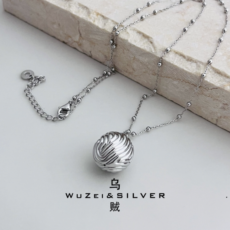 WZ&SILVER通体S925银镀铑金水纹球球吊坠项链高级时尚简约百搭