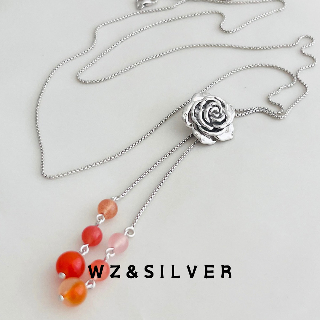 WZ&SILVER设计师款通体S925银镀铑金玫瑰花红玛瑙项链毛衣链高级