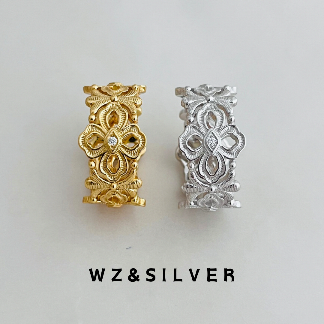 WZ&SILVER高奢款通体S925银镀铑金拉丝镂空戒指高级复古时尚百搭