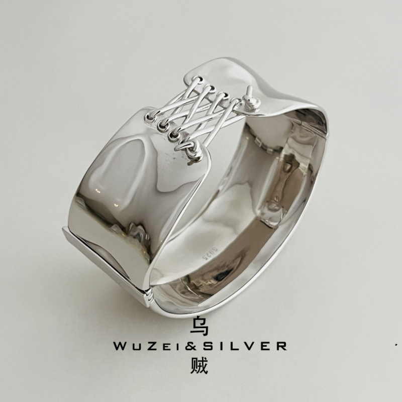 WZ&SILVER新加坡设计师款通体S925银镀铑金绑带手镯高级个性百搭