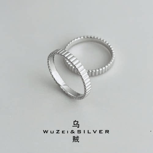 WZ&SILVER设计师款通体S925银镀铑金条纹戒指高级百搭时尚简约