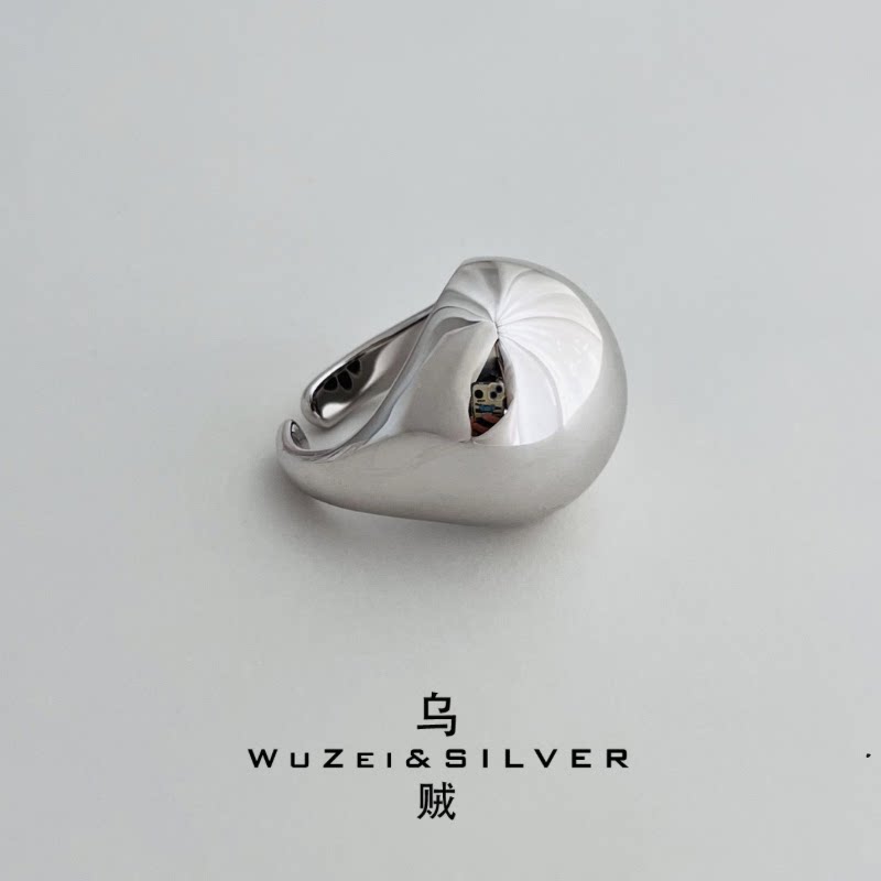 WZ&SILVER设计师款通体S925银镀铑金栗子光面戒指高级百搭简约