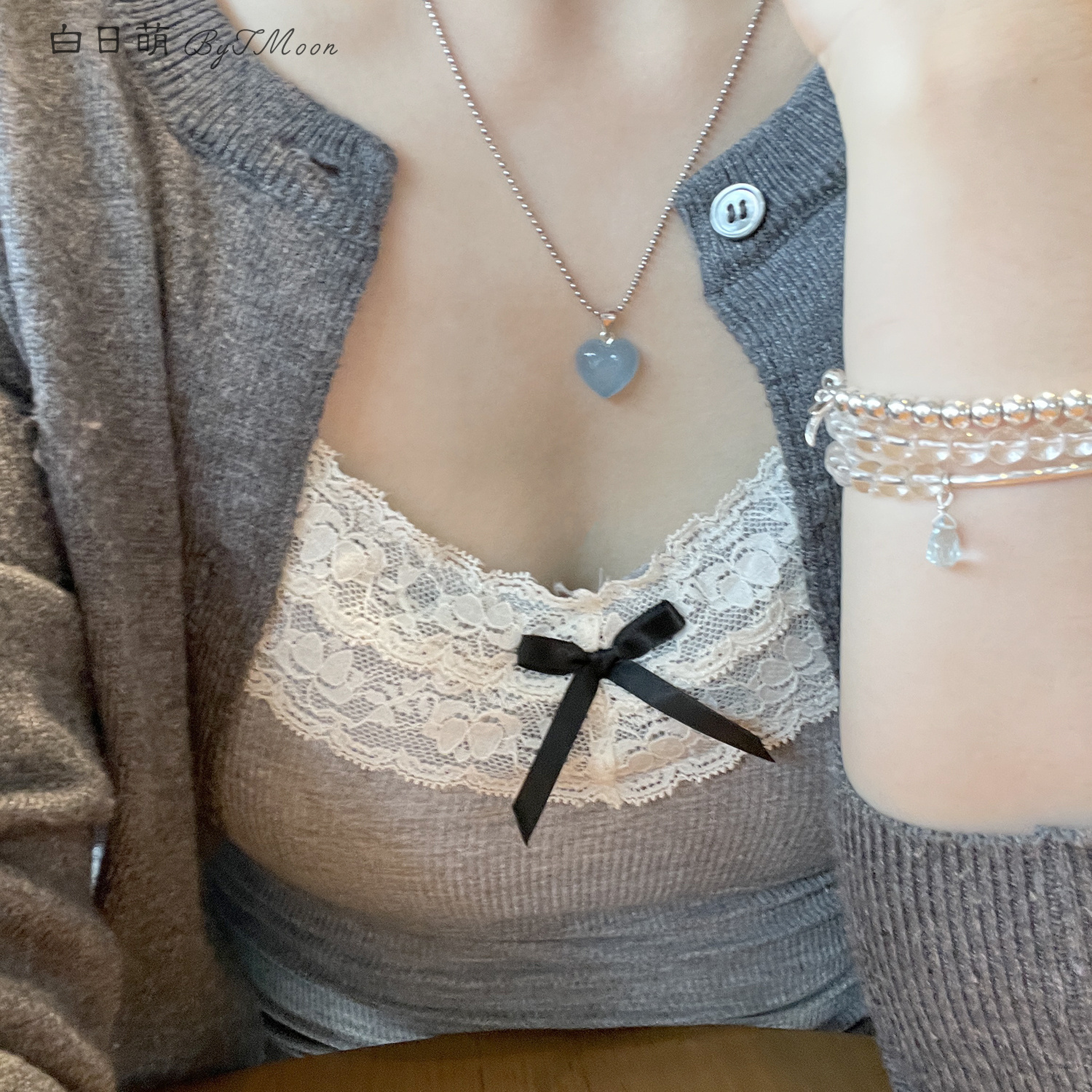 爱心海蓝宝纯银叠带项链手链女