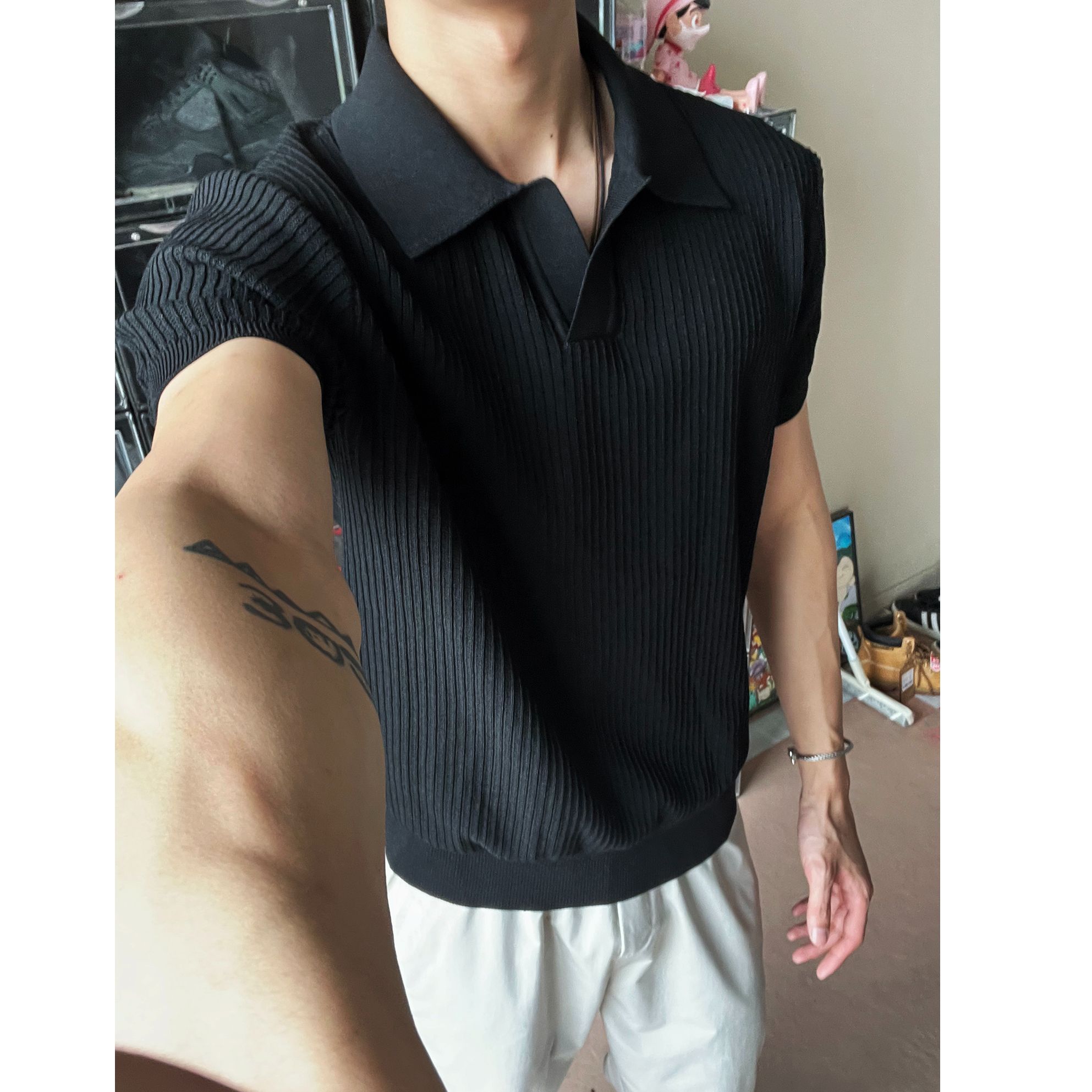 LIMOU夏季老钱风海鸥领翻领短袖POLO衫收口袖垂感潮男针织保罗衫