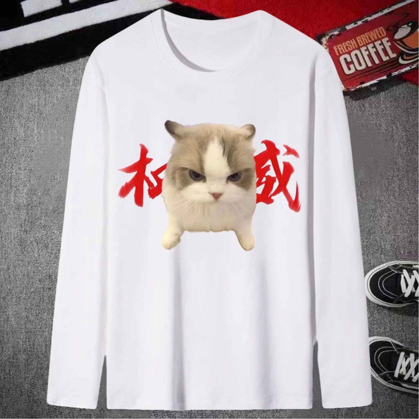 2025爆款权威长袖t恤男女搞怪猫memeT恤恶搞香蕉猫咪上衣服潮学生