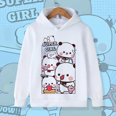 卡通可爱风一二布布连帽加绒卫衣男女童亲子装白色动物图案上衣