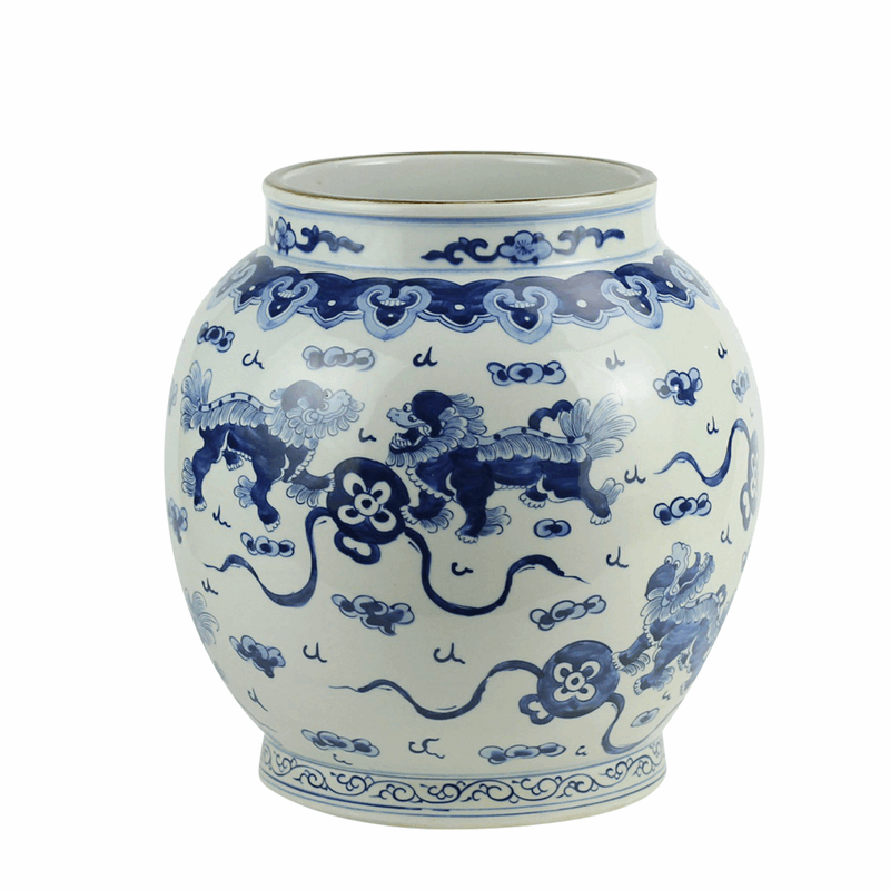 景德镇陶瓷青花手绘狮子滚绣球纹瓷罐花瓶中式家居仿古玄关摆件