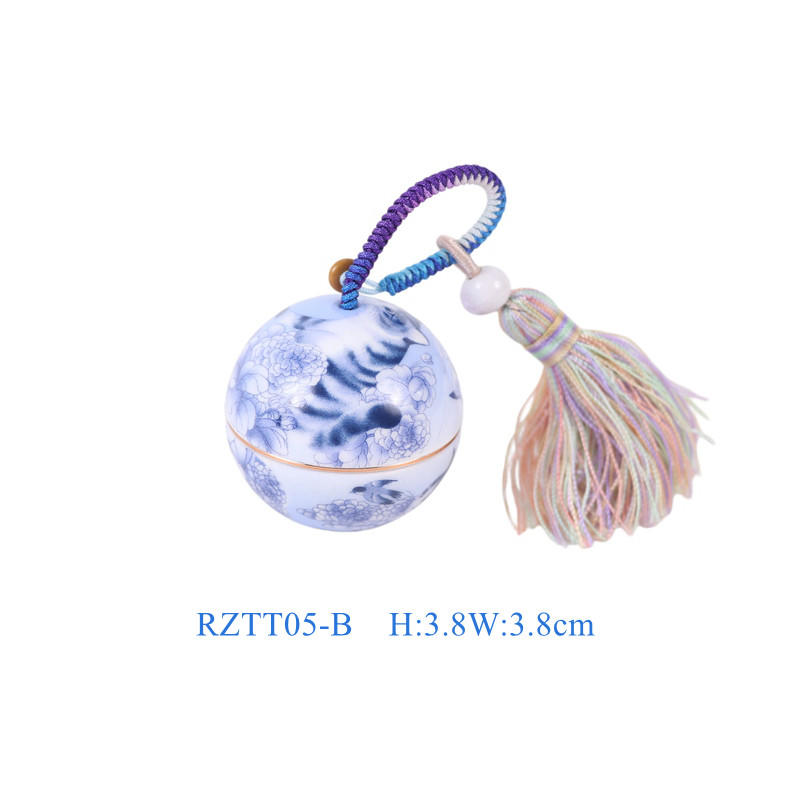 景德镇陶瓷贴花描金青花花鸟猫咪纹圆球挂饰吊坠中式随身小挂件