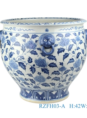 景德镇陶瓷手绘青花花卉鱼缸摆件仿古睡莲荷花缸庭院狮子头大水缸