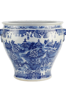 景德镇陶瓷仿古手绘青花山水园林双狮头环缸花盆庭院中式家居摆件