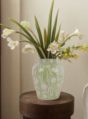 景德镇陶瓷器绿色花卉花瓶插花花瓶装饰品家居客厅桌面工艺摆件