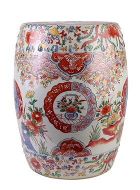 景德镇陶瓷青花矾红锦地花鸟凉墩庭院坐凳中式装饰瓷墩摆件