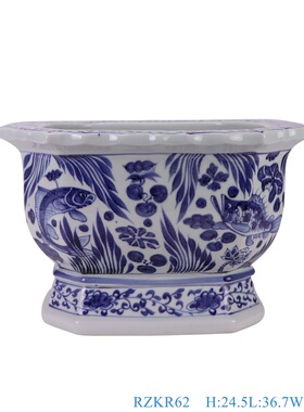 景德镇陶瓷仿古花盆手绘鱼藻纹八角大花盆新中式青花瓷庭院养绿植