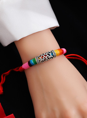 民族风七彩编织手绳藏式爱心图腾手链复古可调节情侣纹理编织红绳