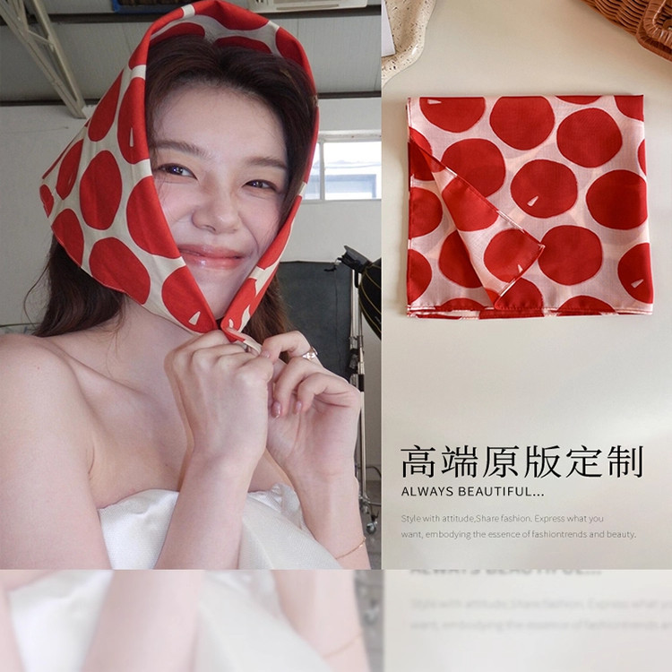 日韩少女红色波点头巾丝巾系脖棉质小方巾红苹果领巾配饰显白
