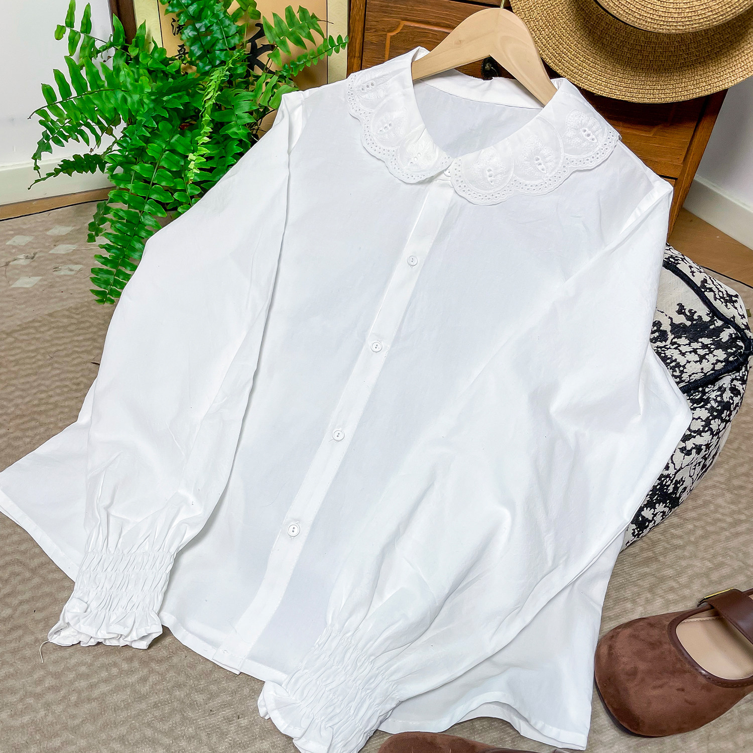 纯棉衬衣文艺小清新娃娃领纯棉白衬衫女长袖学生木耳花边宽松衬衣