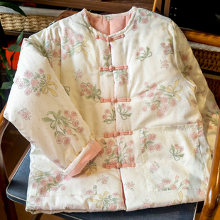 棉袄手工纯棉花碎花棉衣棉麻文艺棉服女盘扣对襟休闲宽松上衣冬装
