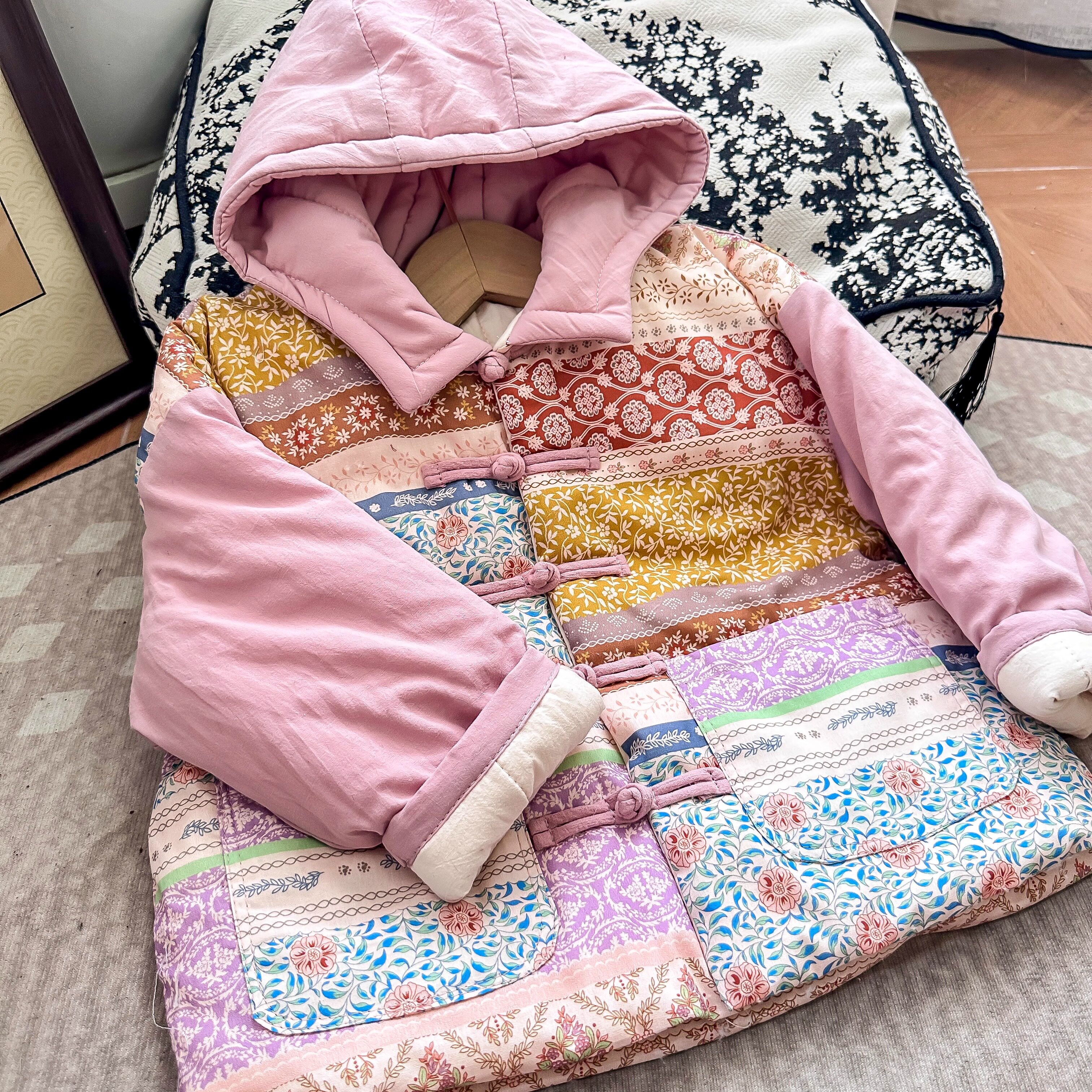 儿童纯棉花棉袄连帽拼接款加厚宽松棉服带帽手工盘扣亲子冬季外套
