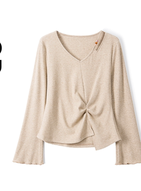 2026春装新款胖mm大码女装捏褶V领T恤设计感不规则显瘦上衣80272