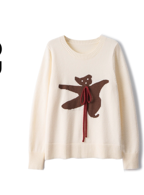 2024冬季大码卡通小熊红色毛衣女慵懒风套头蝴蝶结针织衫69302