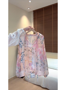 “好美腻的粉粉”苎麻慵懒自在韩系碎花v领子衬衫防晒上衣