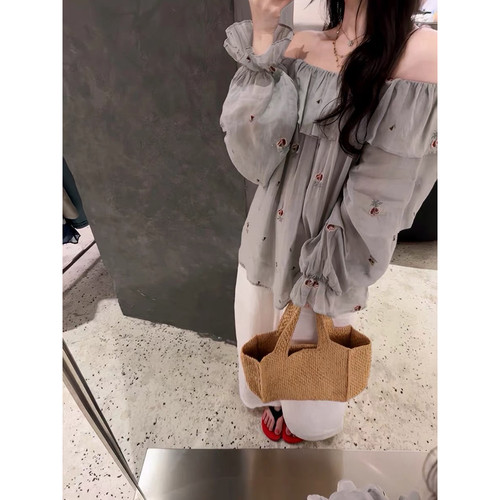 “少女系”夏苎麻100%俏皮感精致立体花花刺绣荷叶边衬衫上衣