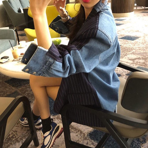 daisydaisy韩国2019春装新款X2条纹西装外套女韩版牛仔拼接小西服