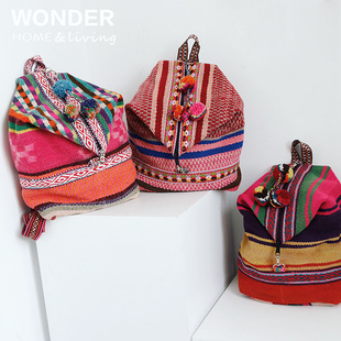 Peru 毛球旅游双肩背包 秘鲁进口手工羊毛编织民族部落风彩色女式