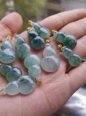 天然翡翠A货玉葫芦吊坠项链冰飘花18k金扣头男女成人儿童母亲礼物