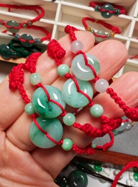 天然翡翠小平安扣手绳男宝儿童款11-15厘米调节玉石本命年红手绳