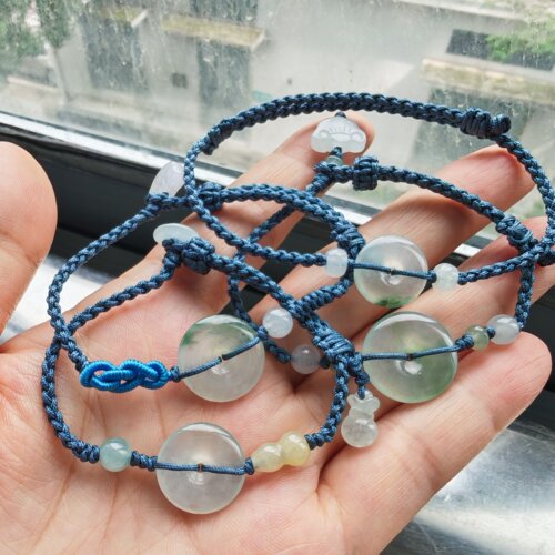  ［蓝绳藏福 ］国风手工编织个性百搭天然冰飘花翡翠平安扣手绳
