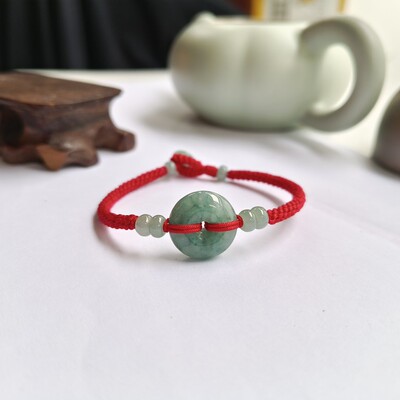 天然翡翠A货平安扣飘花蓝绿胖扣手链工编织男女款新复古简约饱满