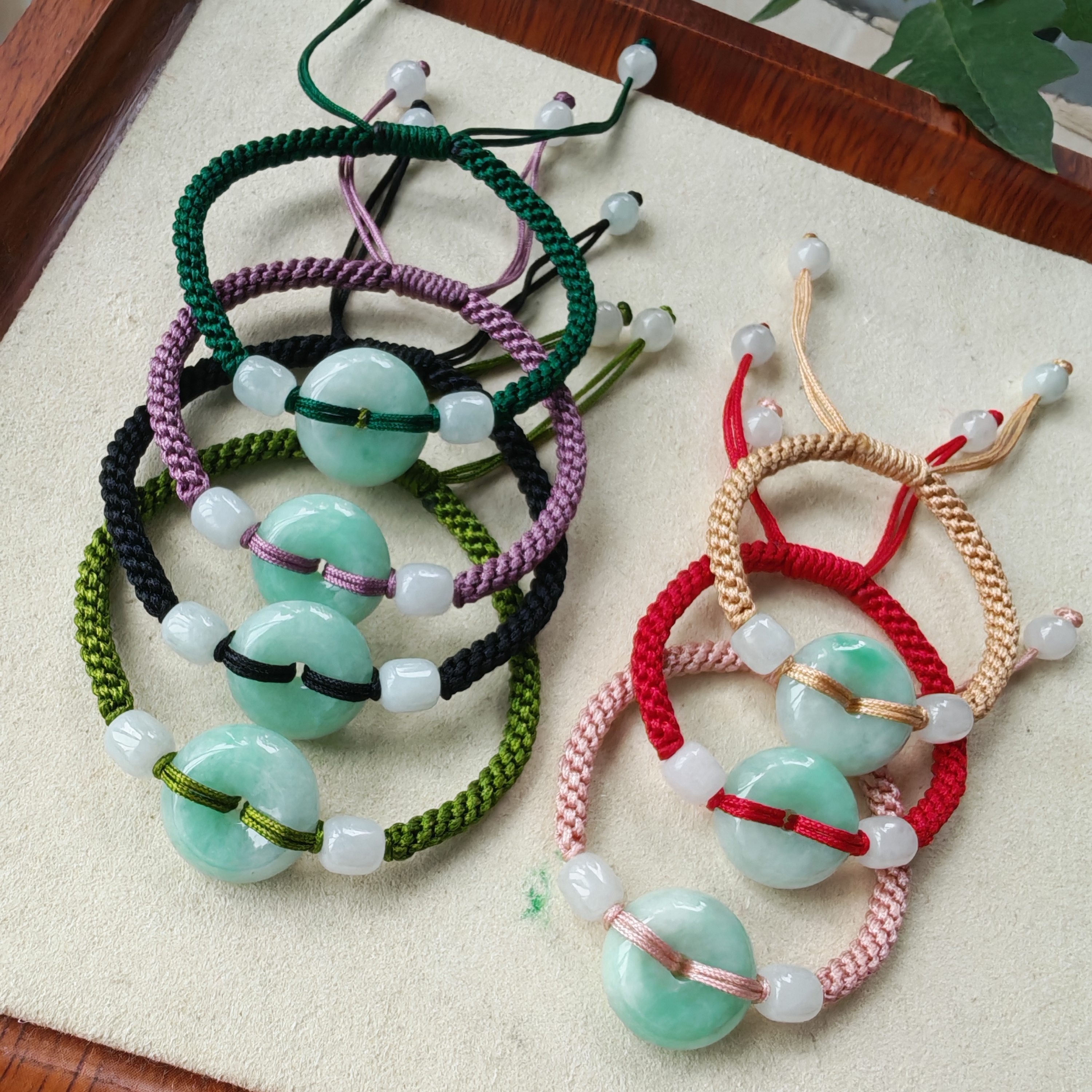 天然缅甸翡翠A货飘果绿平安扣亲子款手绳链男女儿童手工编织玉石