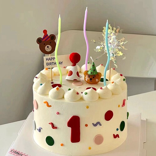 派对小熊蜡烛蛋糕装饰插件羽丝三角旗笑脸太阳花朵气球小帽子插牌