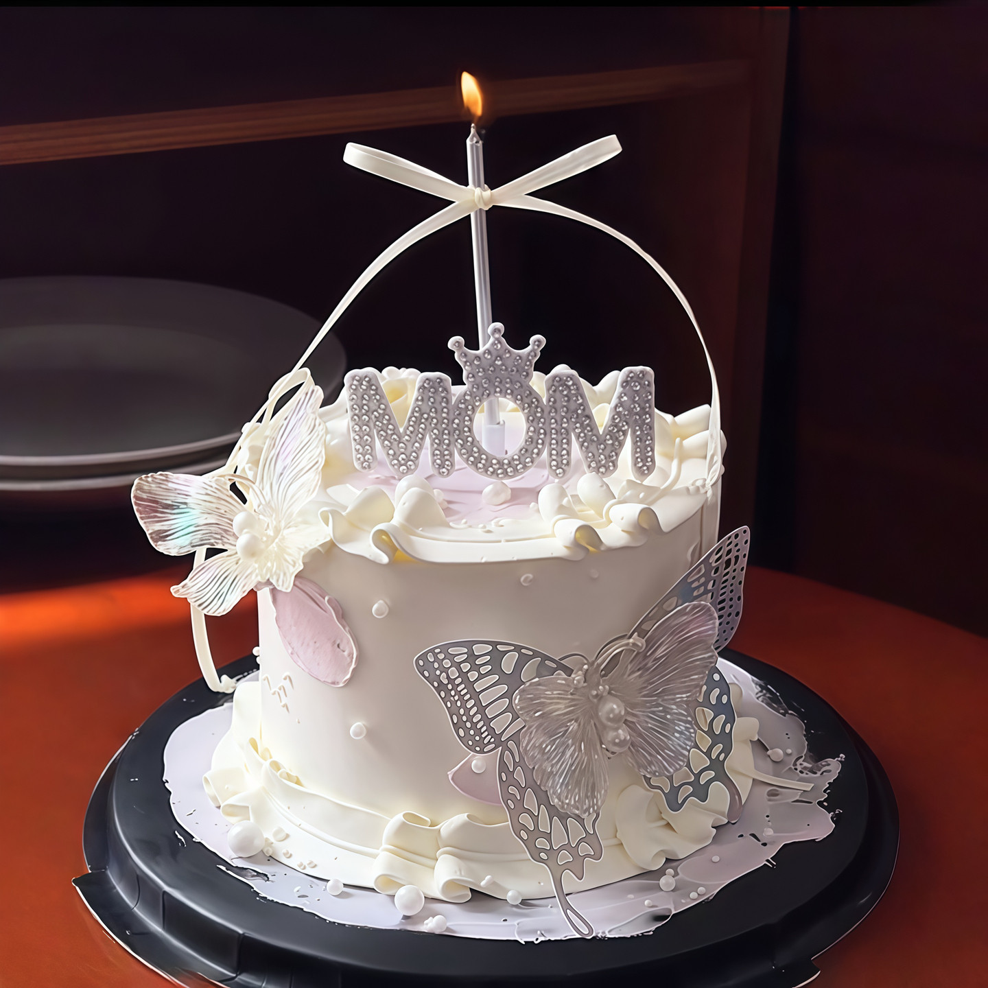 镶钻皇冠MOM母亲节蛋糕插牌透明珍珠幻彩蝴蝶仙女妈妈烘焙小插件