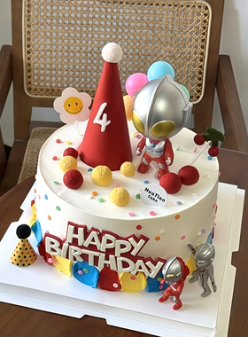 超人英雄打怪兽蛋糕装饰套装恐龙小帽子儿童生日派对甜品卡通插牌