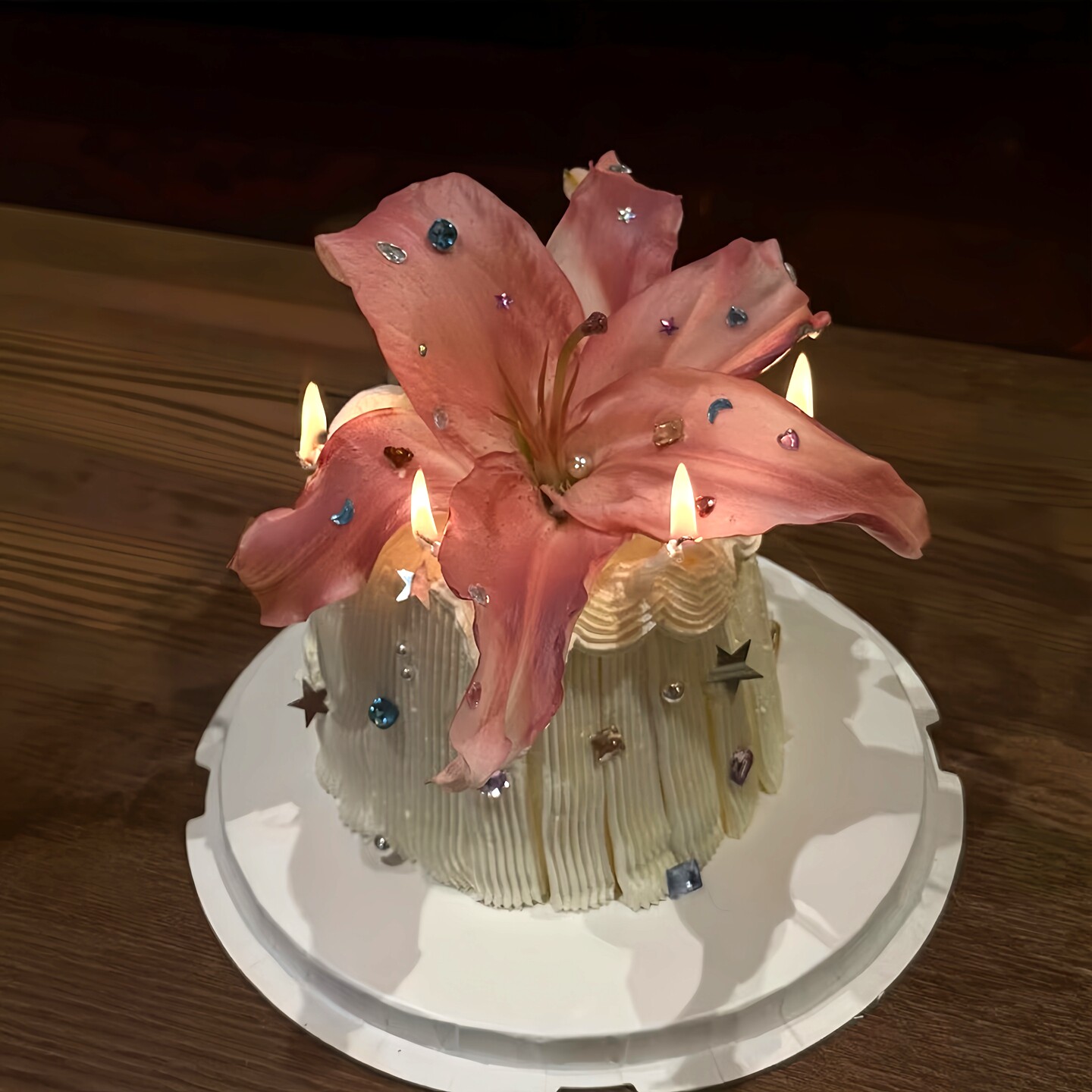 网红ins仿真双头百合花朵钻石彩色宝石女神仙女生日蛋糕装饰插件