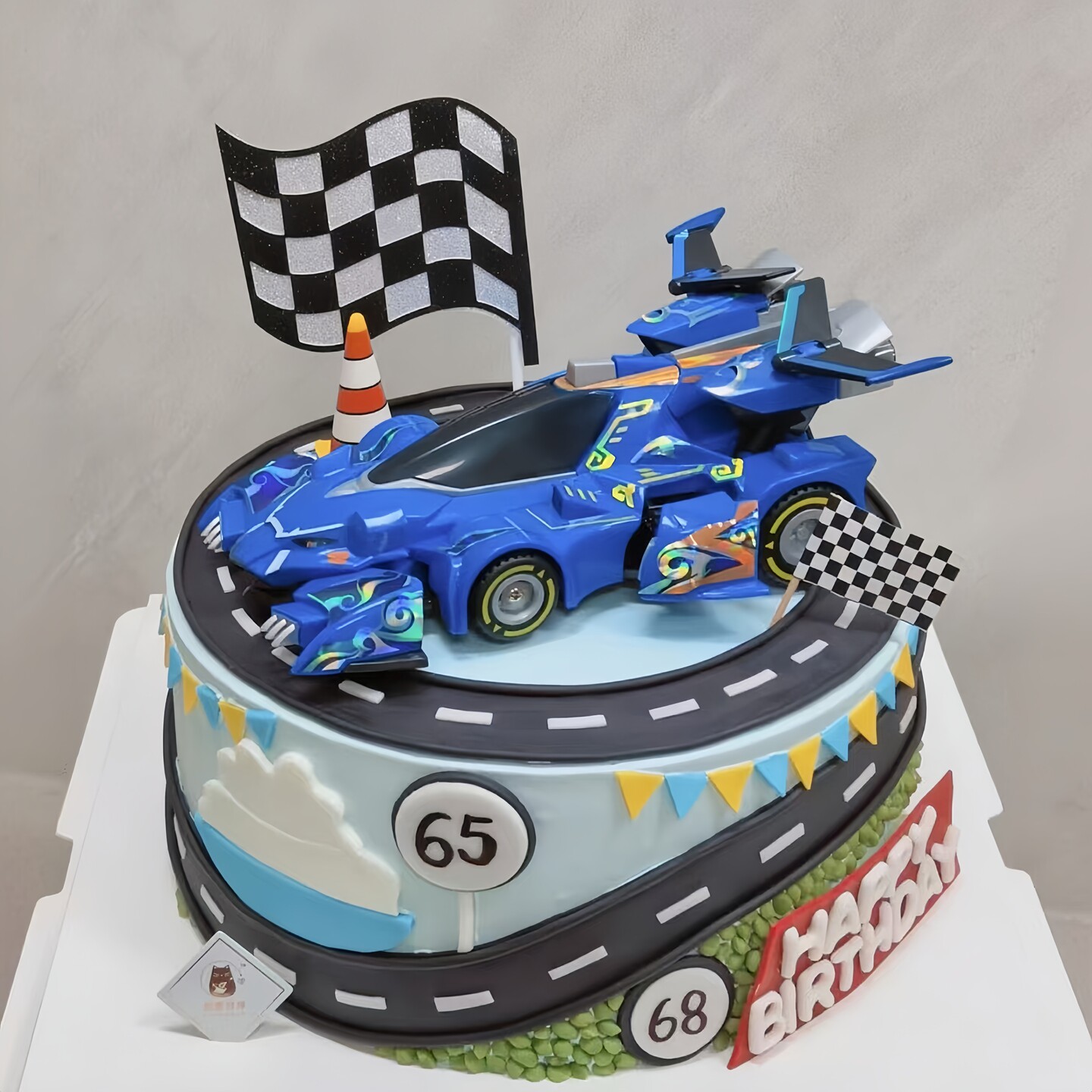 网红蓝色赛车蛋糕装饰摆件套装卡通小汽车旗子儿童生日甜品台插牌