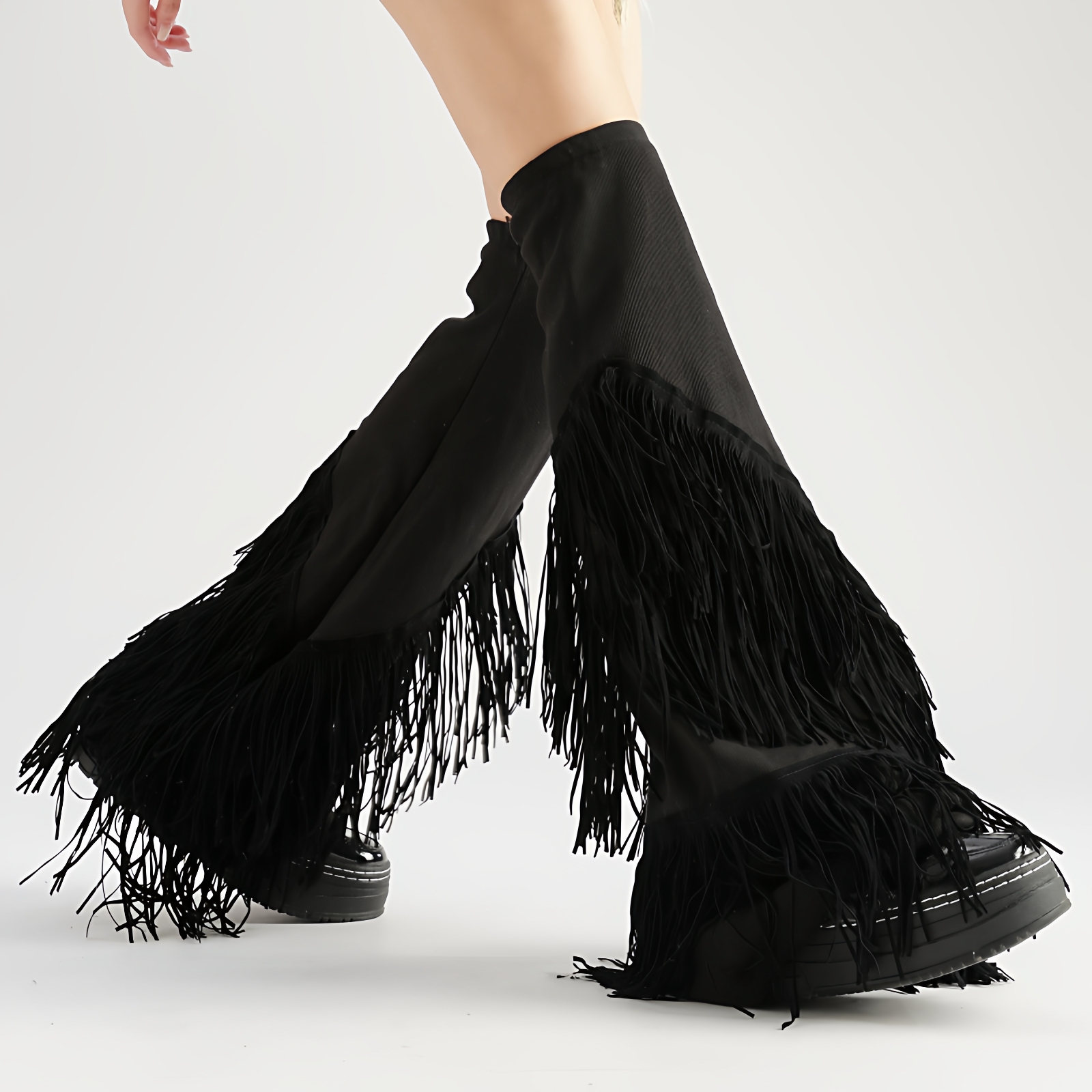 甜酷辣妹流苏阔腿袜套黑色弹力棉